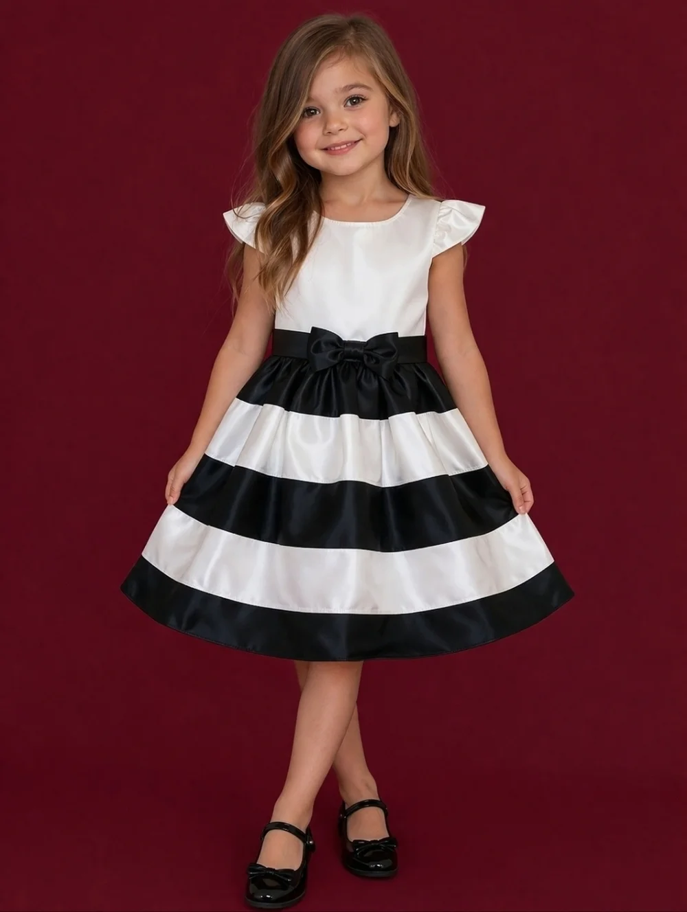 GYMBOREE Black and White Striped Satin Bow Formal Dress